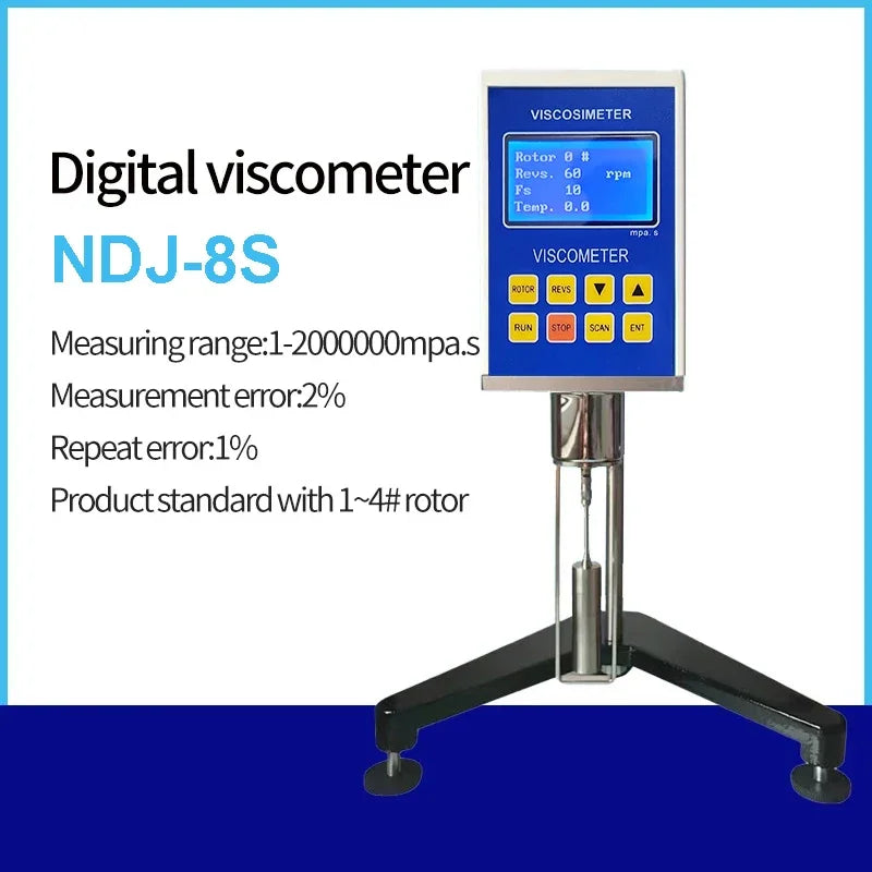 NDJ-8S Digital Rotary Viscometer with 4 Rotors Lab Viscosity Meter Tester Paints Adhesives Greases Cosmetics Accuracy ±3.0%