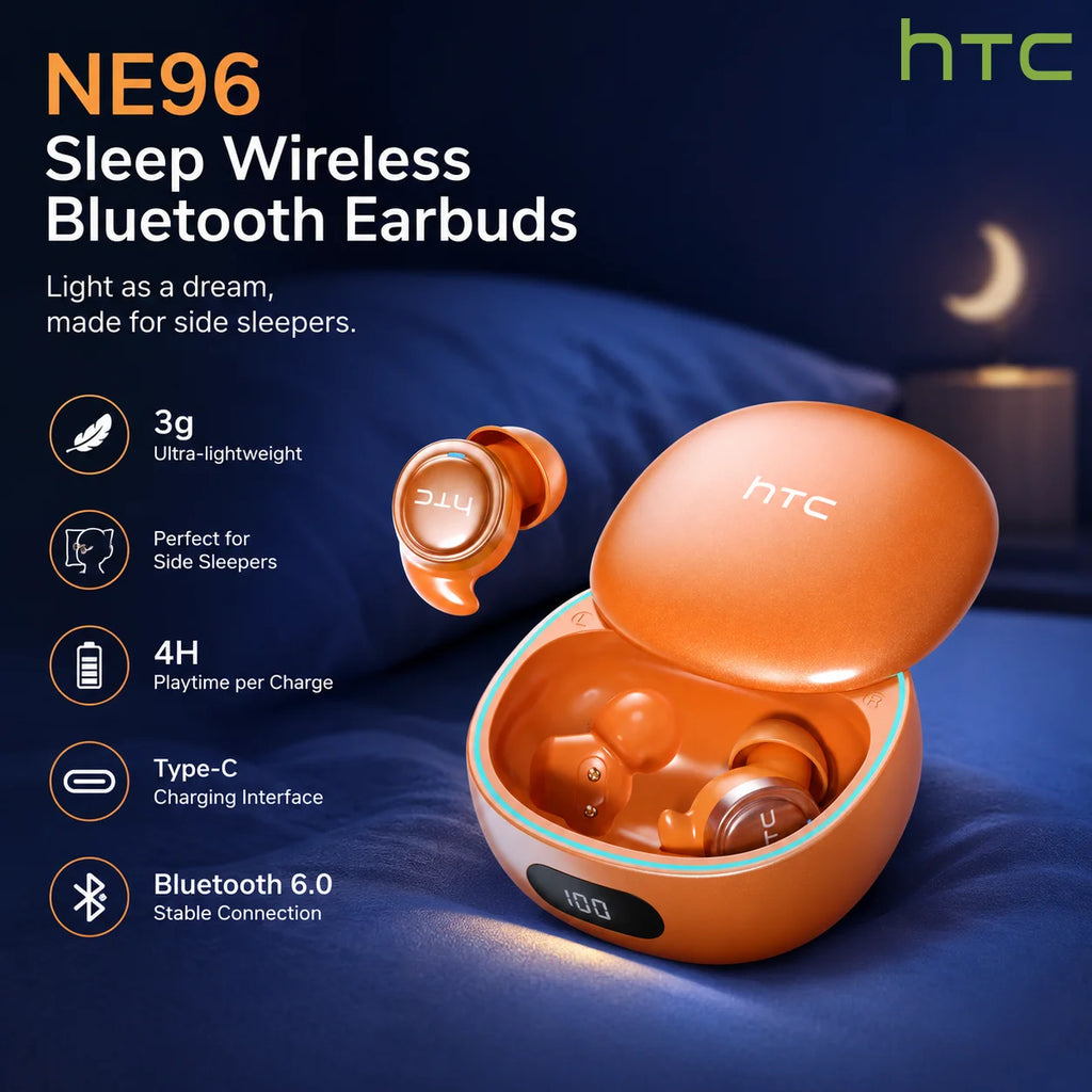 HTC NE96 Wireless Headphones Low Latency Bluetooth Earphones 3g Ultra-Lightweight Soft Sleep Friendly TWS Sports In-Ear Earbuds