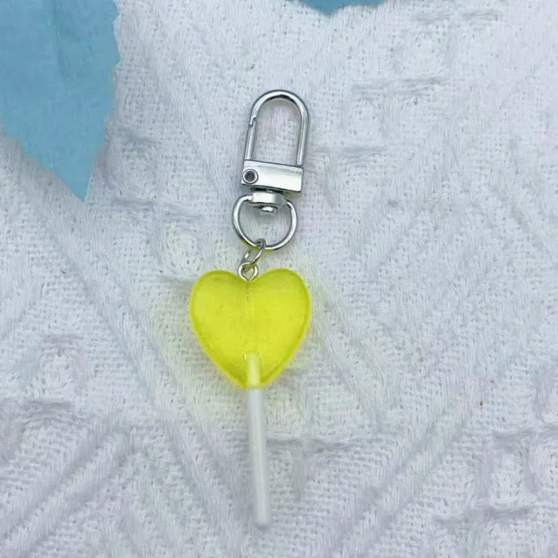 9pcs Sweet simulation color translucent resin heart-shaped lollipop keychain candy pendant bag accessories for daily girls