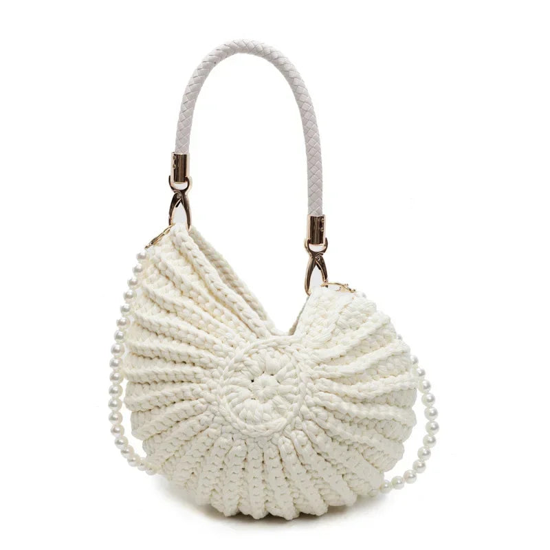 Creative Candy Color Conch Bag For Women Crochet Shoulder Bags Funny Cute Pearls Chains Handmade Weave Crossbody Hobo Shell Bag