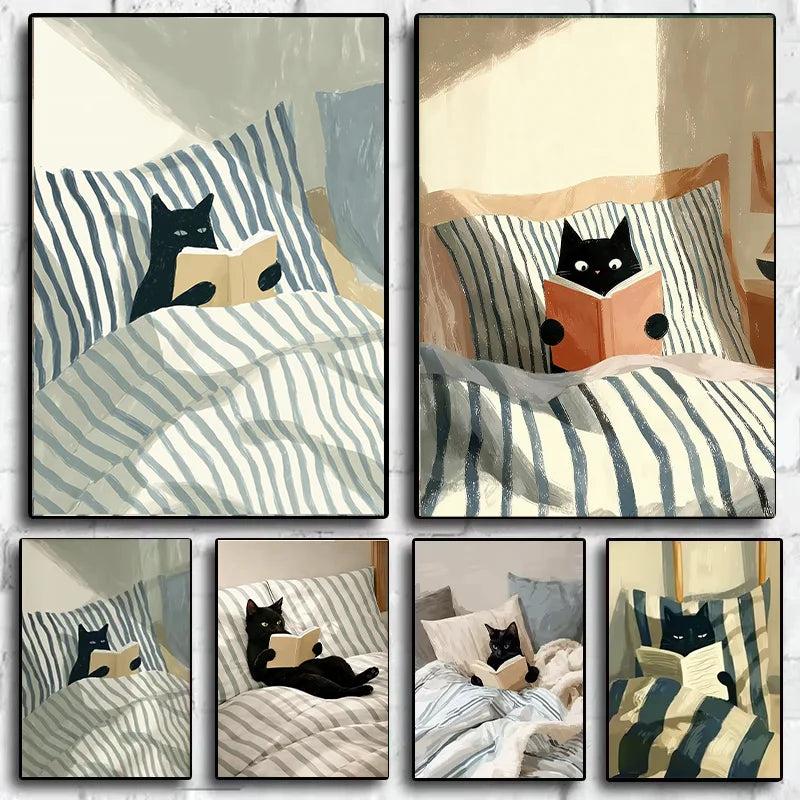 Cat Reading Print – Black Cat Wall Art, Cosy Bedroom Poster, Book Lover Cat Illustration, In Bed Print, Reading Decor, Cozy