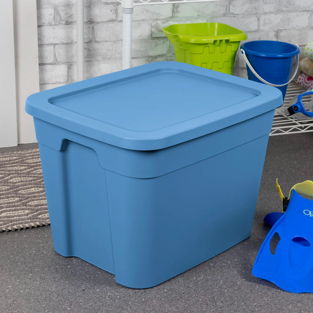 4 pack 18 gallon plastic storage tote with snap lid stackable blue