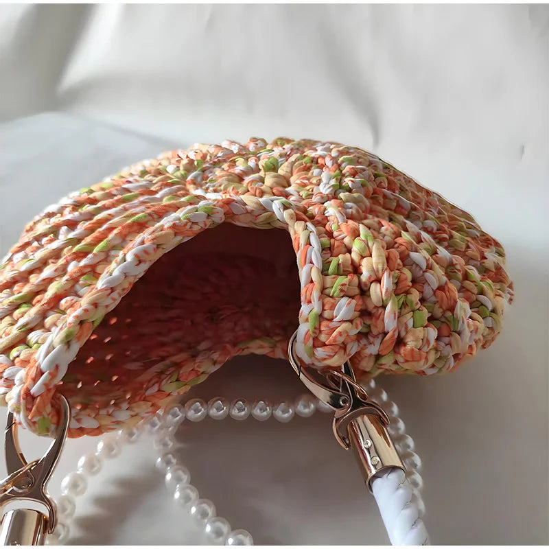 Creative Candy Color Conch Bag For Women Crochet Shoulder Bags Funny Cute Pearls Chains Handmade Weave Crossbody Hobo Shell Bag