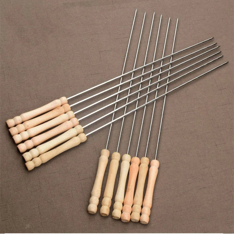 38CM Hot BBQ Skewers Long Handle Shish Kebab Barbecue Grill Sticks Wood BBQ Fork Stainless Steel Outdoor Bold Round Sign Needle