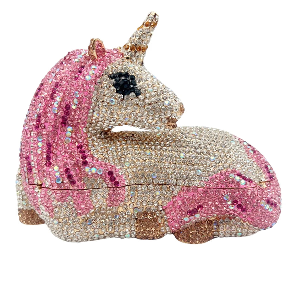 Luxury Pink Unicorn Handbag Women Diamond Evening Clutch Crystal Bridal Purse Designer  Party Phone Bag Lady Wedding Dinner Bags