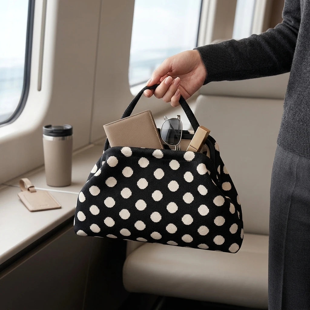 Women Trendy Striped Knitted Polka Dot Clutch Bag Large Capacity Bag with Handle for Commute Shopping