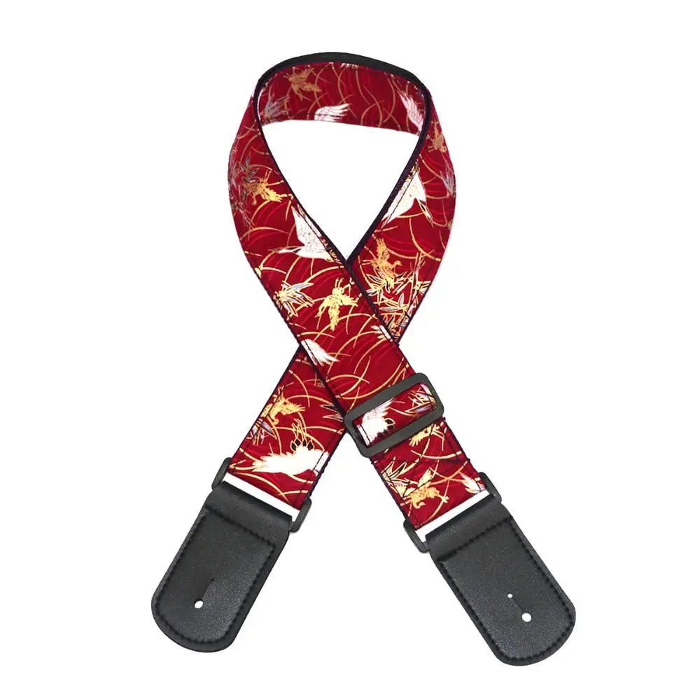 Vintage Guitar Strap Embroidered Print Red Crowned Crane Electric Guitar Belts Waves Ethnic Style Guitar Shoulder Belt Ukulele