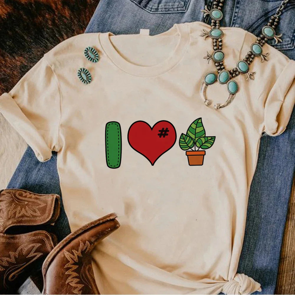 Plus Size Plants Love Printed Tee Women Streetwear Summer Top Female Round Neck T-Shirt Short Sleeve for Daily Wear Casual Tees