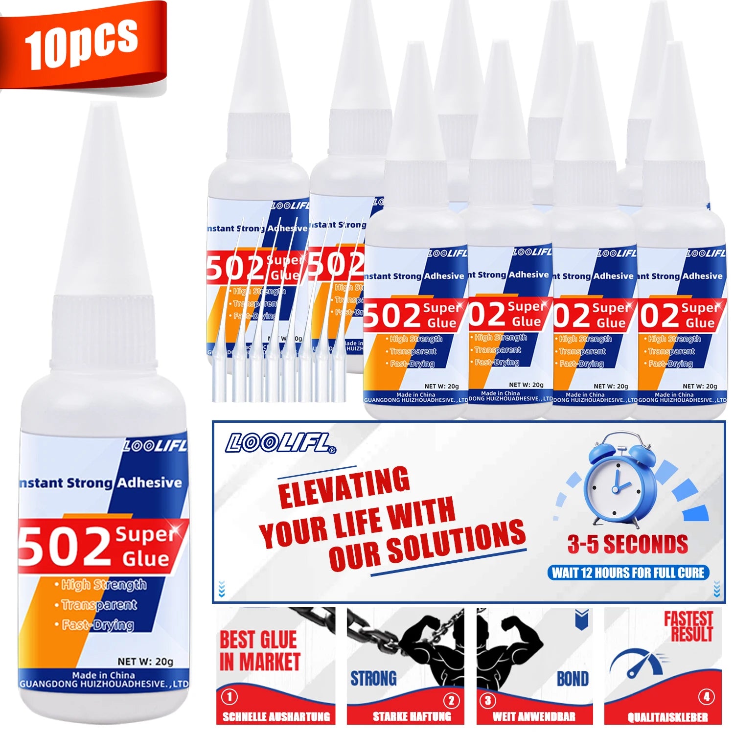502 Super Glue Instant Cyanoacrylate Adhesive High Strength Fast Drying for Metal Wood Plastic Ceramic Glass DIY Bonding Tool