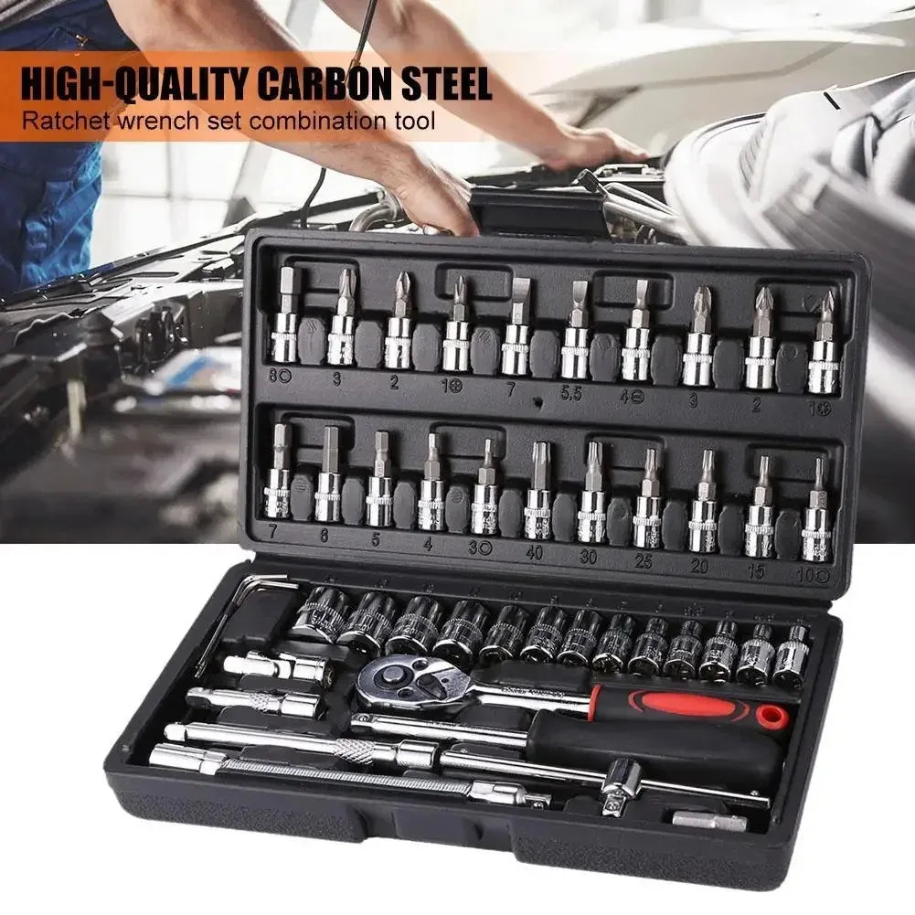 46Pcs Drive Socket Set 1/4 inch Ratchet Wrench Set Sockets Metric Hex Bit Socket Set Mechanic Tool Kit for Auto Repair Hous