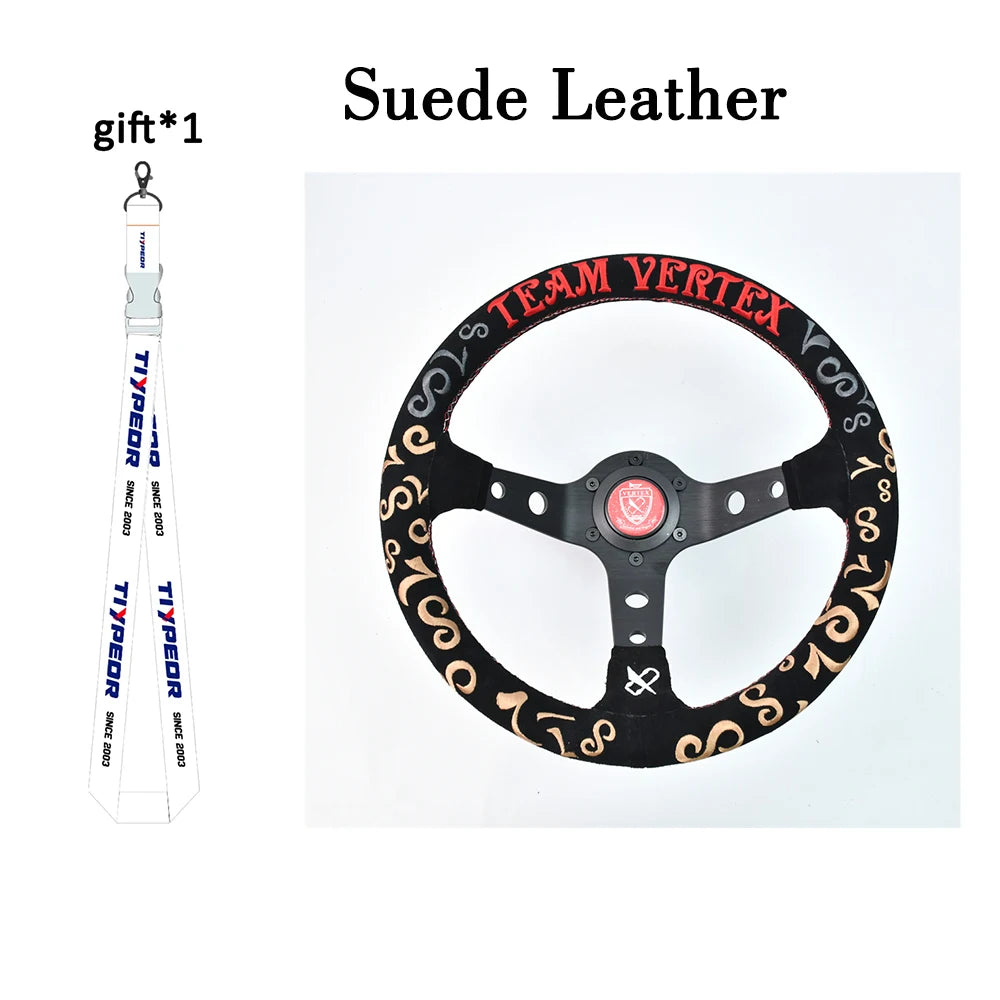 VERTEX Universal Racing Steering Wheel Black Spoke Suede Embroidered Sports Steering Wheel With 6 Holes