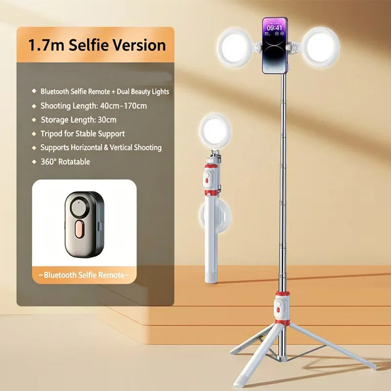 Portable Selfie Stick 360° Rotatable Tripod with Dual Beauty Fill Lights Scalable 1.7m Wireless Bluetooth Remote Phone Holder