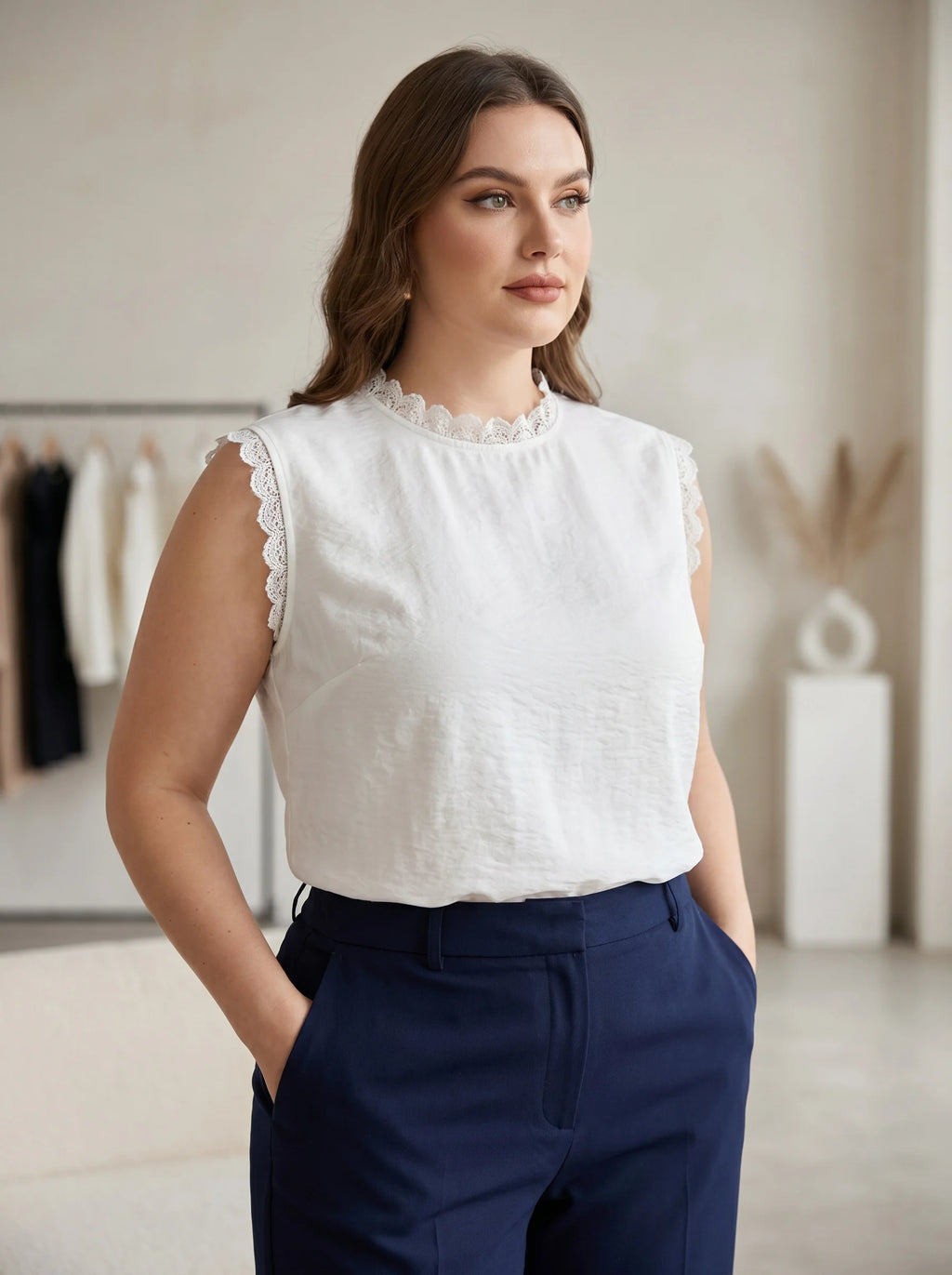 Rosa Fera Plus Size Sleeveless White Blouse Women Loose Fit Elegant Lace Trim Top Shirt