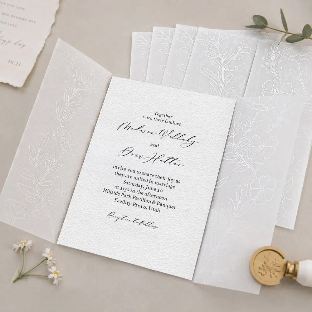 50pcs Pre-Folded Vellum Jackets - White Flower- Wedding Invitations Vellum Wraps - Full Bloom Design for Wedding, Baby Shower