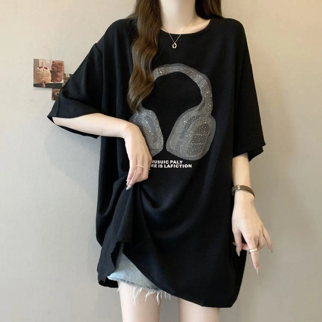 Plus-size women's spring and summer hit loose slimming crinkled ice silk heavy-duty iron-on rhinestone short-sleeve T-shirt