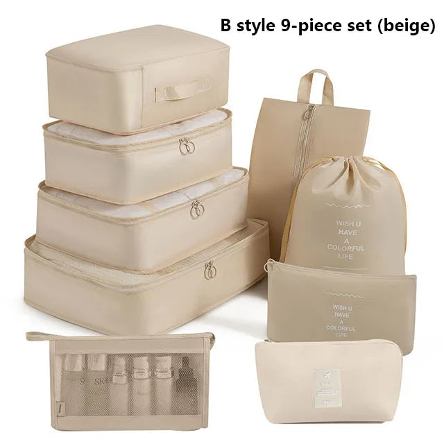 9Pcs Travel Packing Cubes Set Waterproof Luggage Organizer with Drawstring Pouches for Clothes Shoes Cosmetics Underwear - Suitc