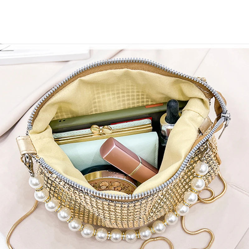Pearl Handle Full Rhinestone Bags Handbags Gold Shoulder Bags Evening Party Clutch Fashion Luxury Purse Banquet Glitter Prom Sac