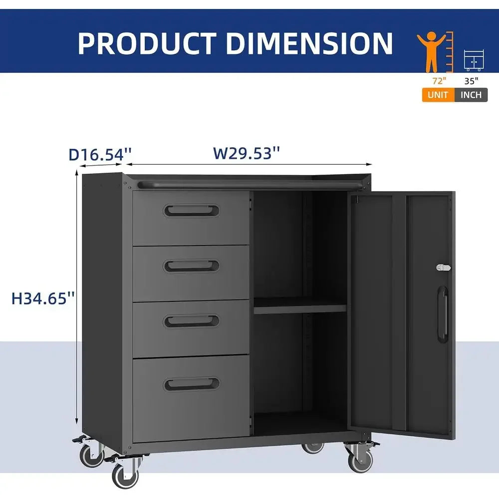 Double-Layer Heavy Duty Steel Rolling Tool Cabinet with Lockable Drawers and Adjustable Shelves for Mobile Workshop Storage and