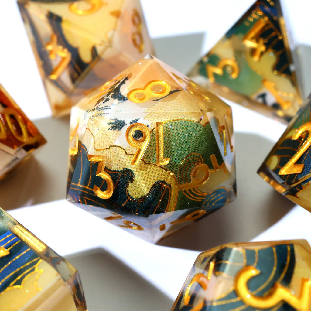 Enchanting DND Dice Set with Ocean Wave & Peach Blossom Designs-Perfect for Board Game,RPG & Tabletop Gaming Adventures-F2