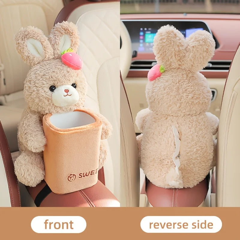 2-in-1 Cute Plush Car Tissue Holder Trash Bin Multifunctional Creative Storage Rack Armrest Storage Cute Car Accessories