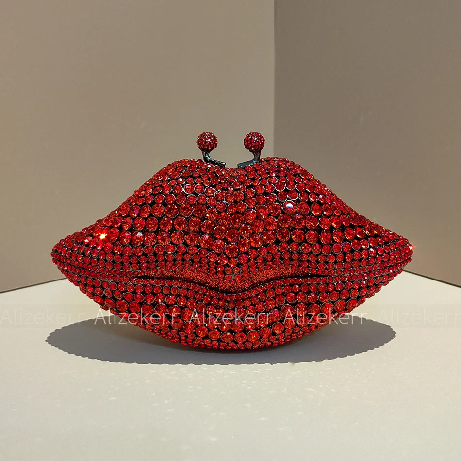 Alizekerr Lips Shaped Diamond Evening Bags Women Gorgeous Boutique Unique Rhinestone Metallic Purses And Handbags Wedding Party