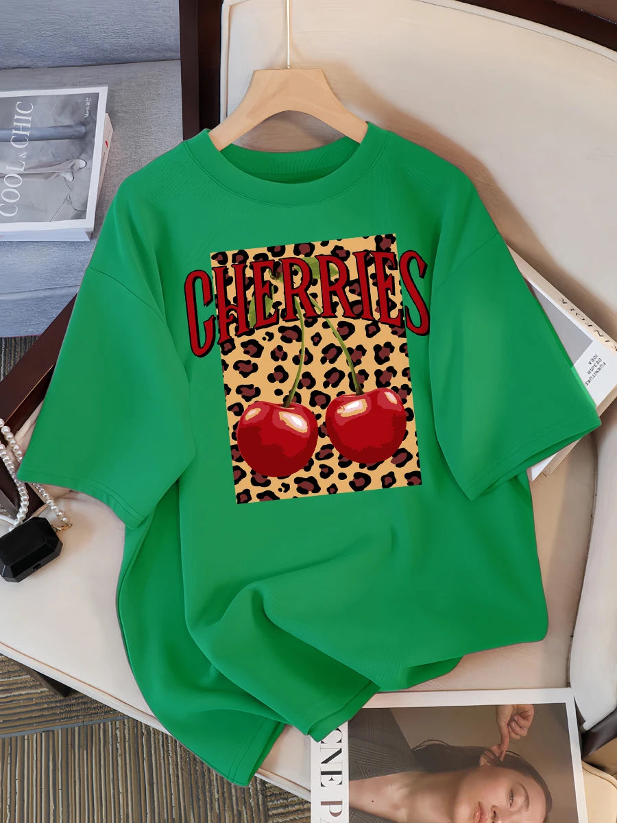 Plus Size Leopard Cherry Creative Design Womens Tee Shirts Casual T Shirt Summer O-Neck Streetwear Soft Oversized Short Sleeve