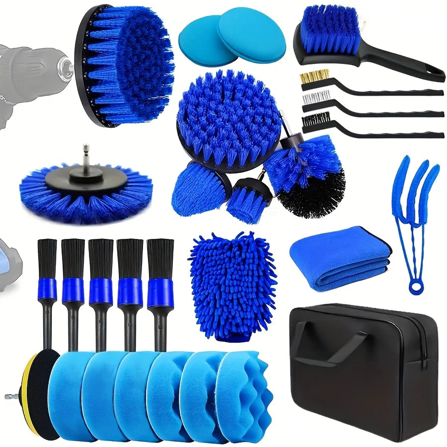 28pcs Car Wash Detail Kit, Multi-Purpose Drill Brush Set, Dust Removal Brush, Waxing Sponge Pad, Professional Car Care Kit