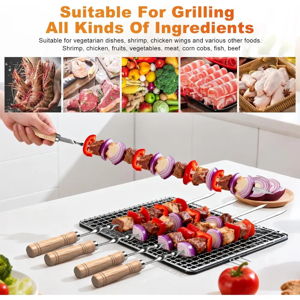 BBQ Skewers 6pcs,Kabob Skewers Flat with Wood Handle,Stainless Steel Kebab Forks for Grilling Shrimp Chicken Vegetable