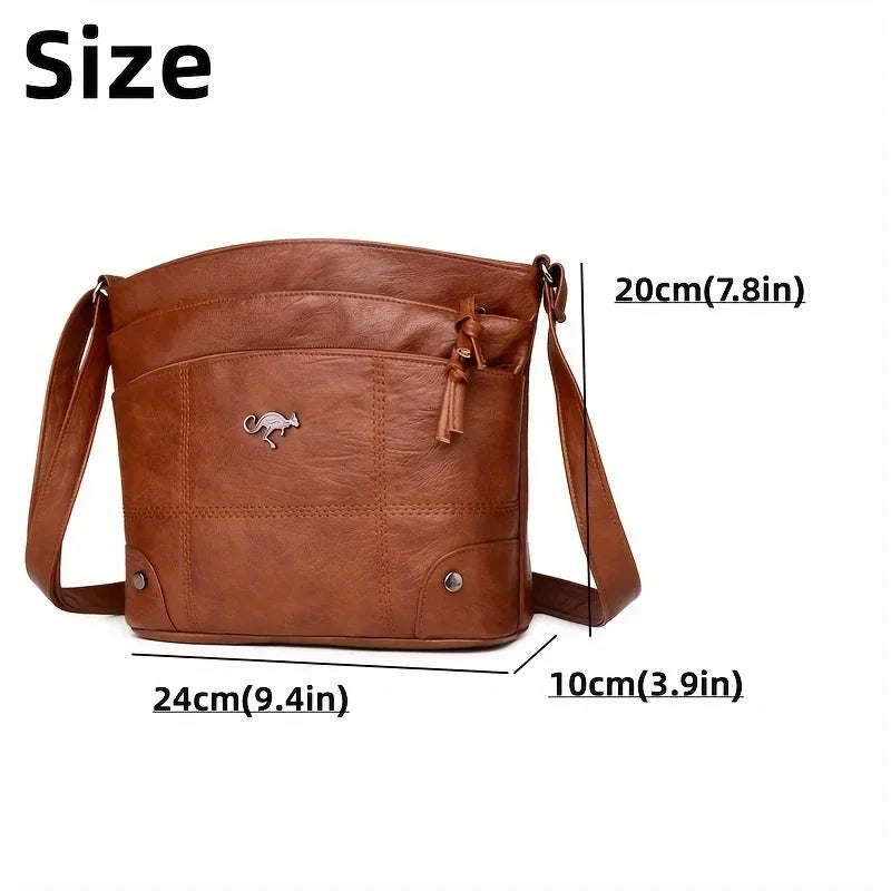 Retro Mini Crossbody Bag, Soft PU Leather Bucket Bag, Multi Layer Shoulder Purse with Interior Slot Pocket for Women Daily Use