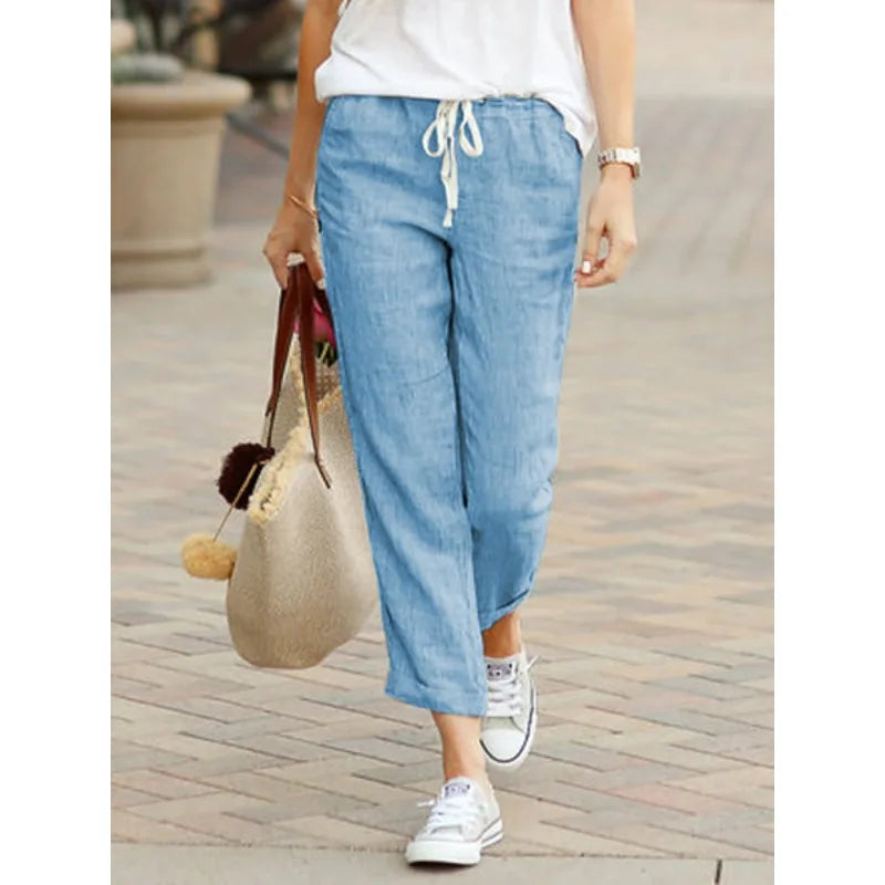 2025 New Fashion Nine-minute Trousers Solid Colour Loose Leisure Drawstring Elastic Waist Cotton Pants