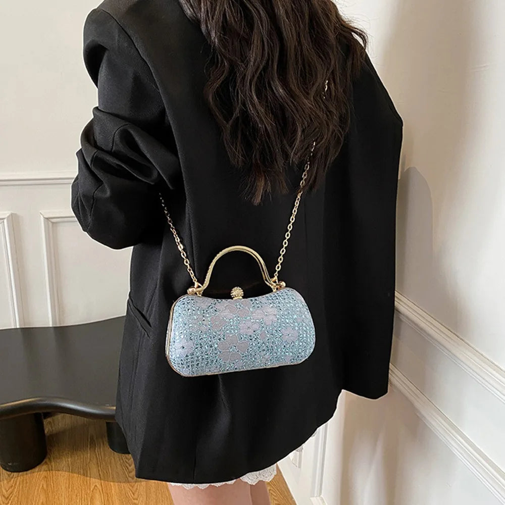 Casual Luxury Evening Banquet Bag Rhinestone Flower Ladies Clutch Bag Phone Pouch Shiny Chain Crossbody Bag Wedding