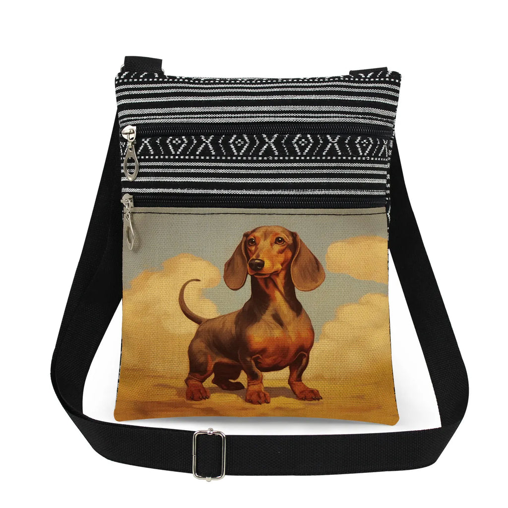 Cute Dachshund Print Crossbody Bag Female Floral Animal Shoulder Bags Fashion Outdoor Portable Double Zipper Lady Messenger Bag