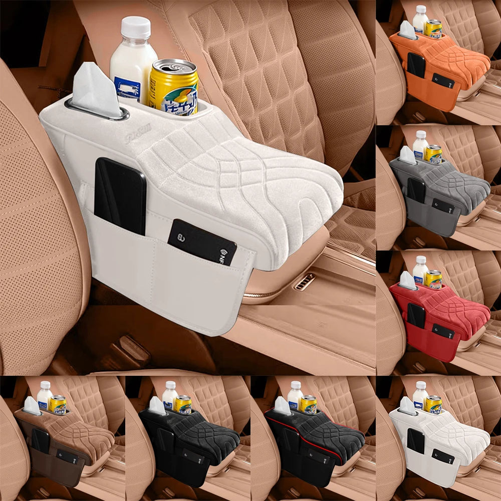 High-Low Style Suede fabric Car Armrest Box Cushion - an Armrest Cover with 2 Side Pockets, 2 Cup Holder,and 1 Tissue Box.