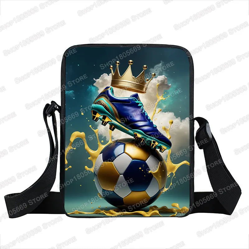 Cool Golden Soccer with Crown Print Crossbody Bags Hot Blood Football Sport Handbags Teenagers Boys Girls Phone Holder Bookbag