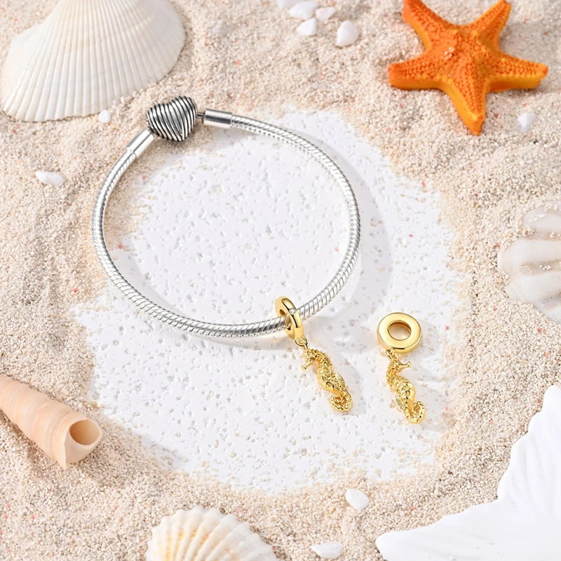 925 Sterling Silver Charms Bead CZ Zircon Gold Seahorse Dangle Fit Original Bracelet DIY Women Jewelry Gift