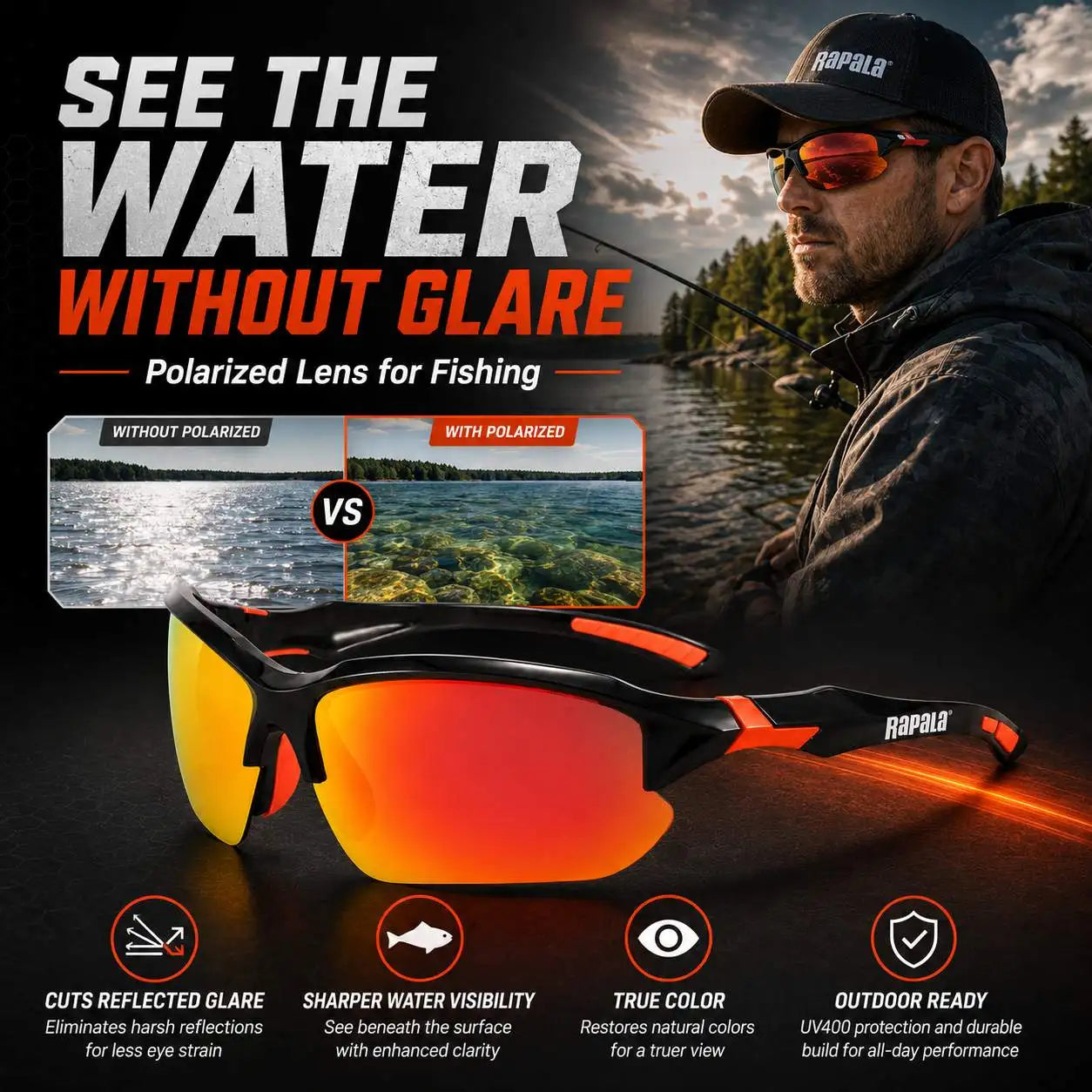 Outdoor Rapala Polarized Fishing Glasses UV400 for Fishing Riding Running Driving with Secure Fit Frame and Storage Case