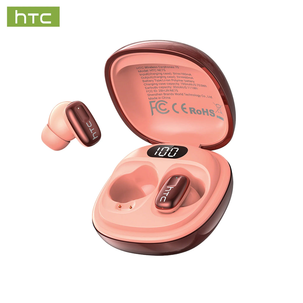 HTC NE75 Bluetooth Earphones 135 Language AI translator Earbud Low Latency Battery Display Long Battery Soft Wireless Headphones