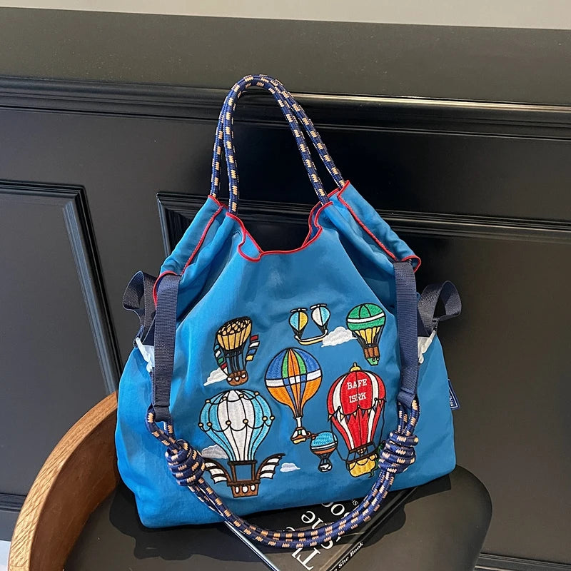 Fashion Embroidered Hot Air Balloon Pattern Large Capacity Lady Canvas Bag New Drawstring Shopping Handbag Thin Style Canvas Bag