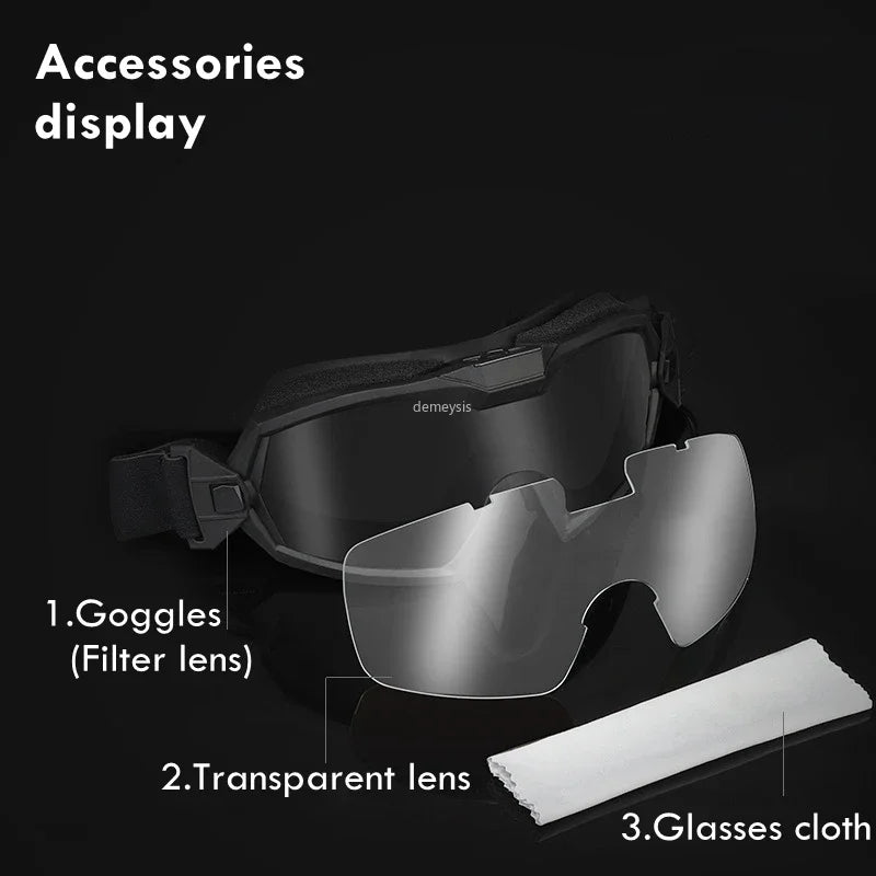 Tactical Goggles with Micro Fan Anti Fog Outdoor Paintball CS Game Motocycle Goggle with Interchangeable Lens