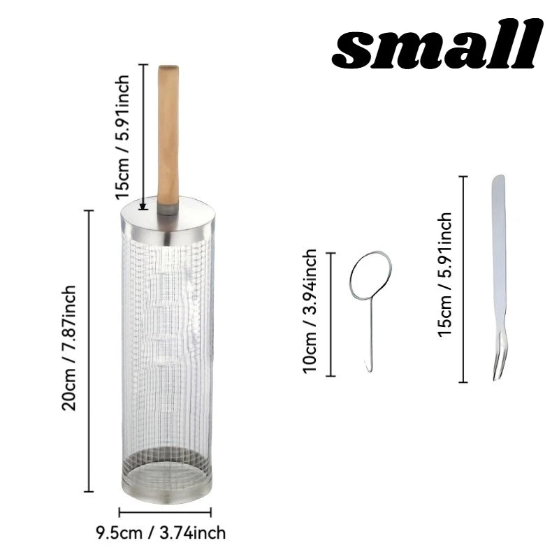 Rolling BBQ Cage with Wooden Handle - Outdoor BBQ Grill Basket | 304 Stainless Steel Grill Cylinder & Grill Net
