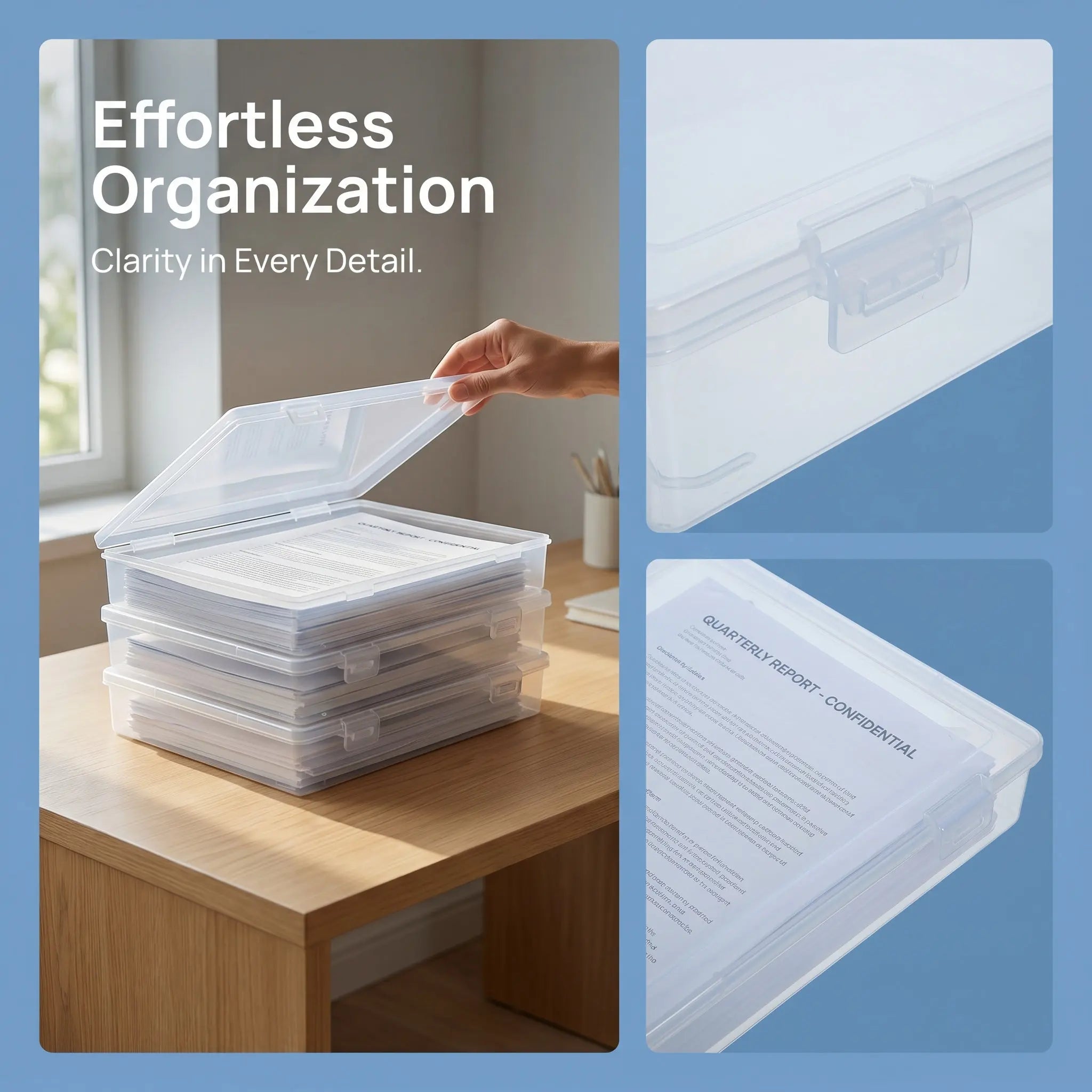 3Pcs Clear Stackable A4 File Box 12.6x9 Inch Transparent Plastic Document Organizer for Desktop Office School Home Paper