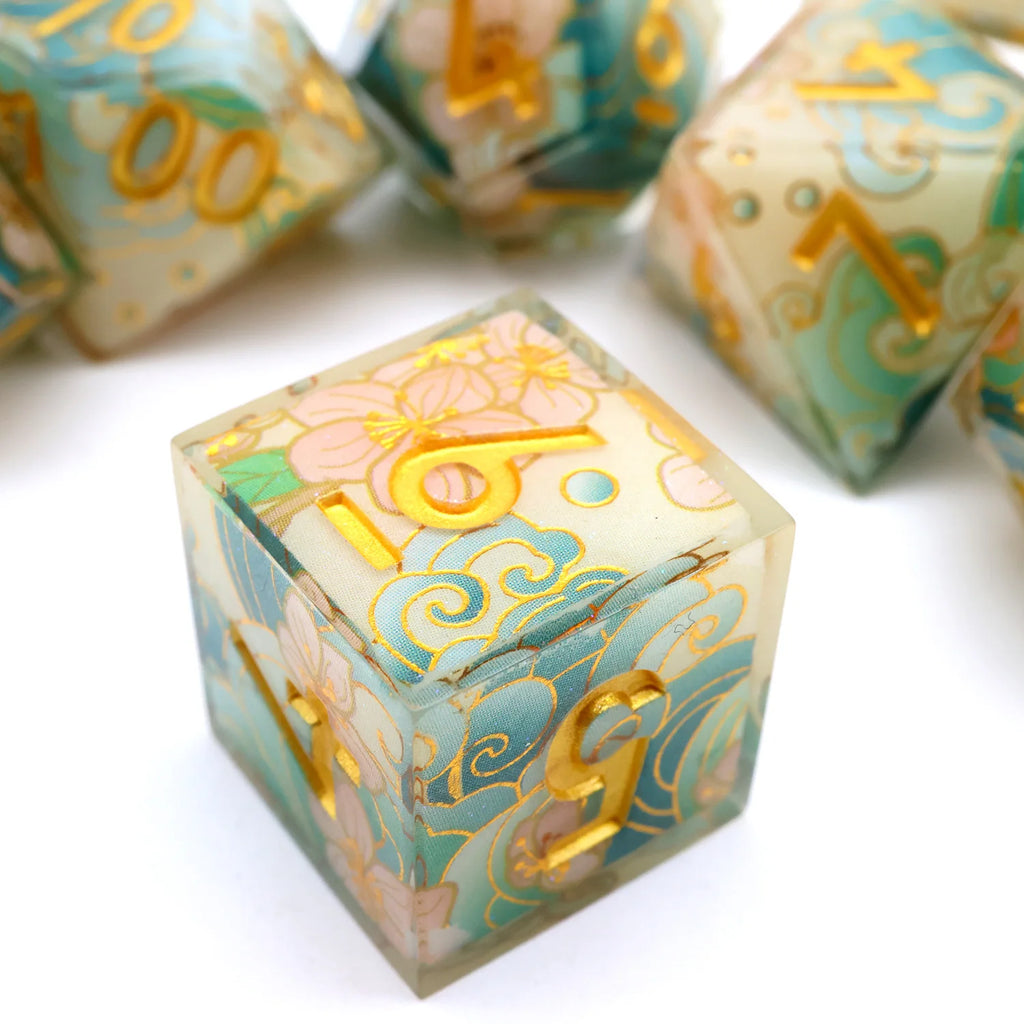 Enchanting DND Dice Set with Ocean Wave & Peach Blossom Designs-Perfect for Board Game,RPG & Tabletop Gaming Adventures-F2
