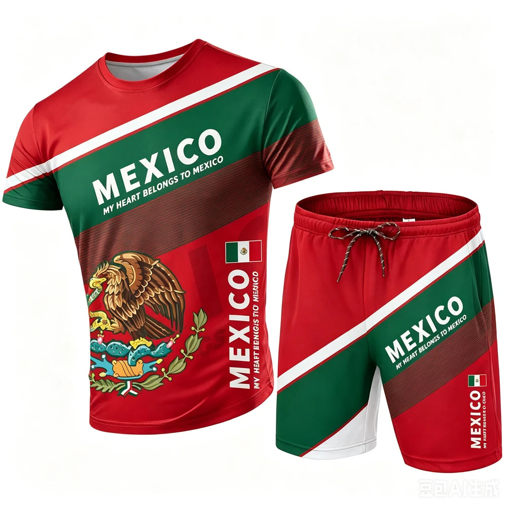 Mexico National Flag Pattern Men's Sets Fashion 3D Eagle Printing Short Sleeve Tees and Shorts 2 Piece Casual Loose Summer Suits