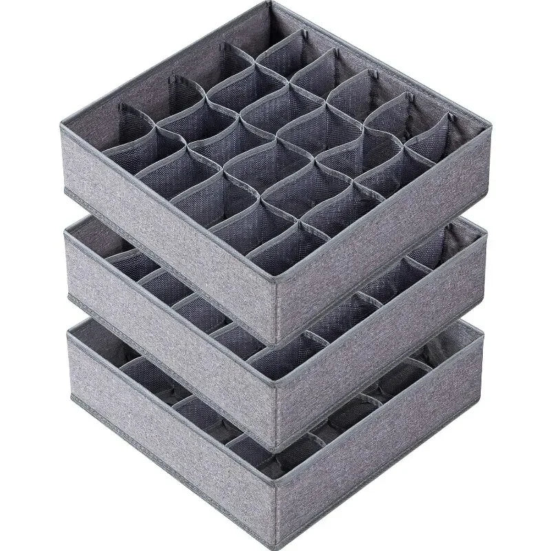 1/2/3 Pack Gray Sock Underwear Organizer Dividers 16/24/64 Cell Fabric Foldable Closet Organizers Storage Boxes for Storing Sock