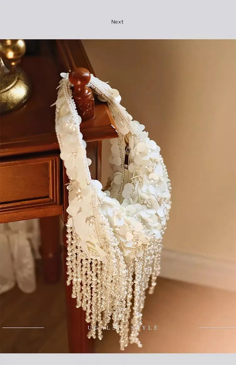 Fashion Sequins Handmade Hobo Bag Beads Beading Tassel Women Handbag Luxury Exquisite Banquet Bag Wedding Party Clutch Purse