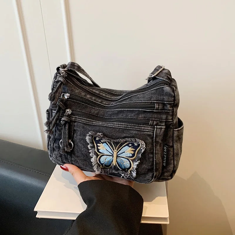 Korean Version Denim Crossbody Bag with Cute Butterfly Embroidery – Adjustable Strap, Multi-Pocket Small Sling for Women