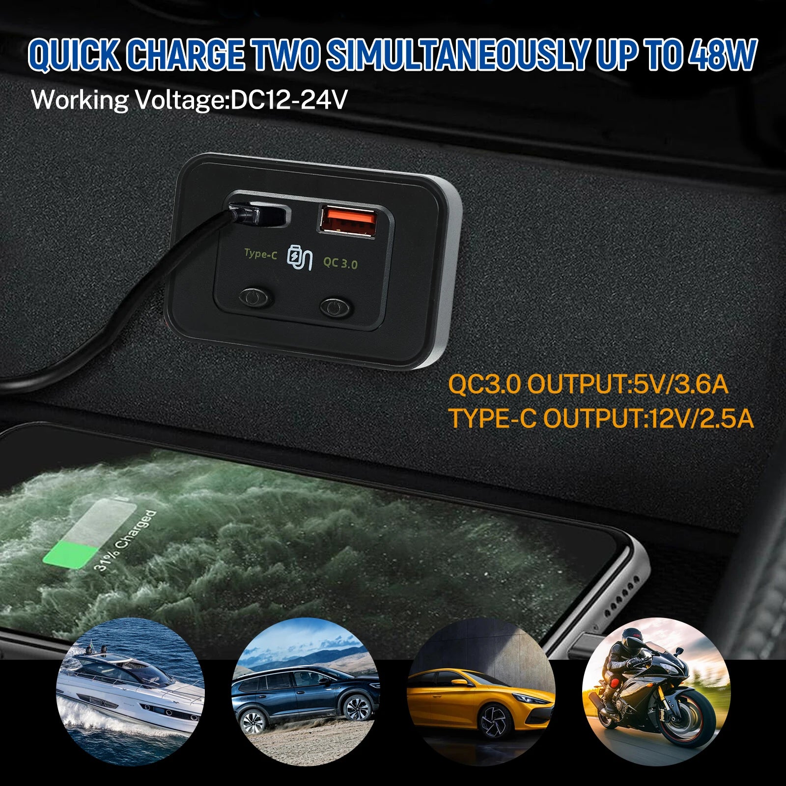 12V/24V Car Usb Splitter Power Outlet Panel Adapter for Camper Truck Boat RV Car Charger Socket Dual USB Type C Charger Adapter