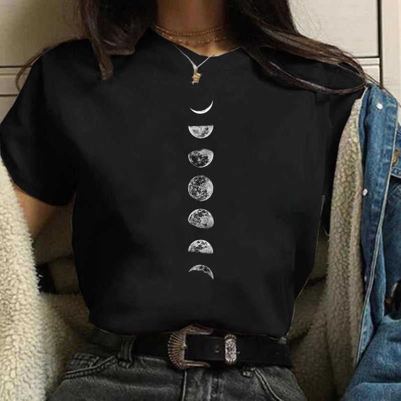 New Fashion Black Tops Funny Female T-shirt Casual Tee Woman Clothes Y2k Cute Tops Moon PrintWomen Harajuku Summer T Shirt Girl