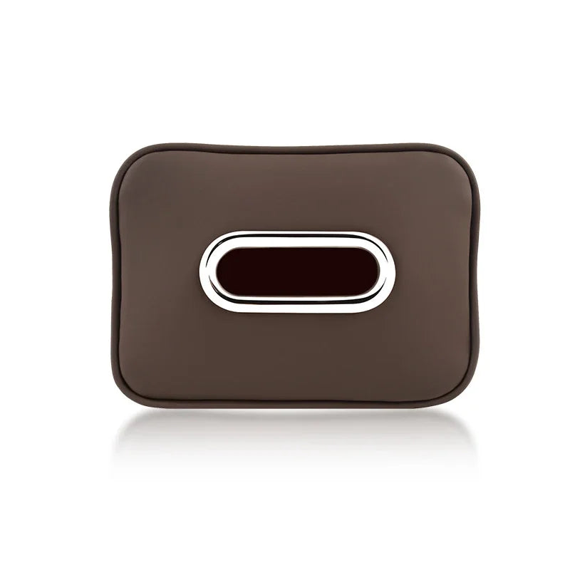 Universal Black Leather Car Tissue Bag with Chrome Metal Opening Hanging Headrest Napkin Box Cover
