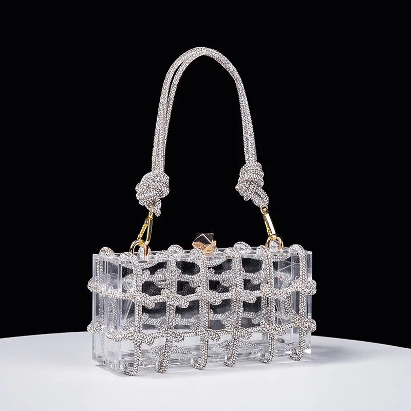 New Diamond Clear Acrylic Box Evening Clutch Bags Women Boutique Woven Knotted Rope Rhinestone Purses And Handbags Wedding Party